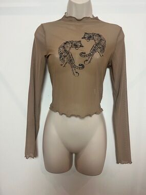 Sheer Mesh Long Sleeve Crop Top with Tiger Graphic Y2K Grunge Festival